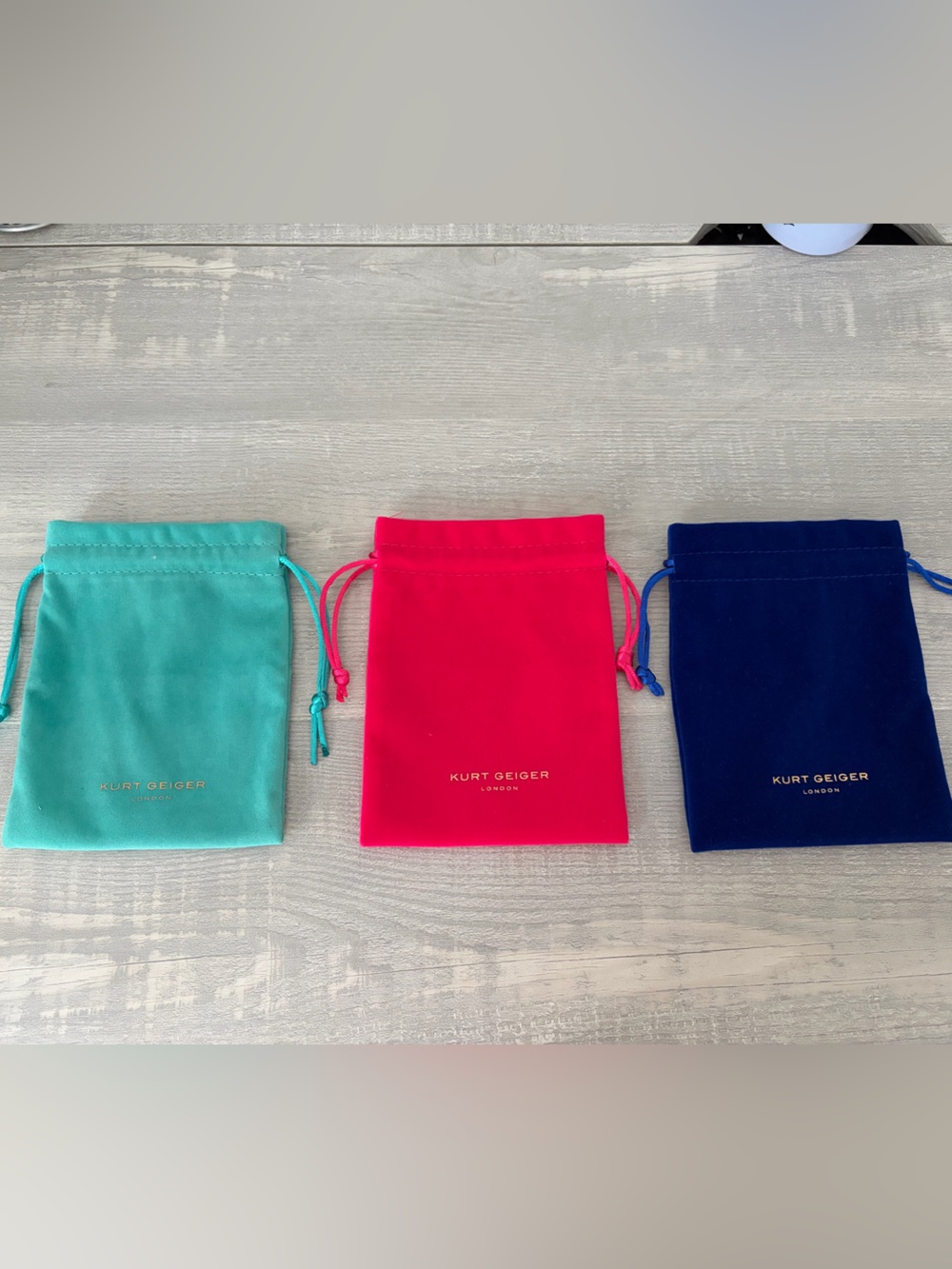 NEW 3 Kurt Geiger Blue,Green, Pink Velvet Drawstring  Jewelry Pouches 4.5”x5.5”